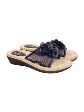 Cliffs by White Mountain Navy Floral Slide Sandals Comfort Wedge Women's Size 8W